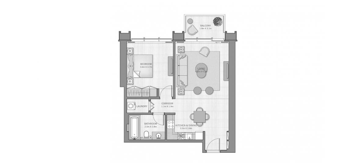 Plano del apartamento «B», 1 dormitorio en THE GRAND