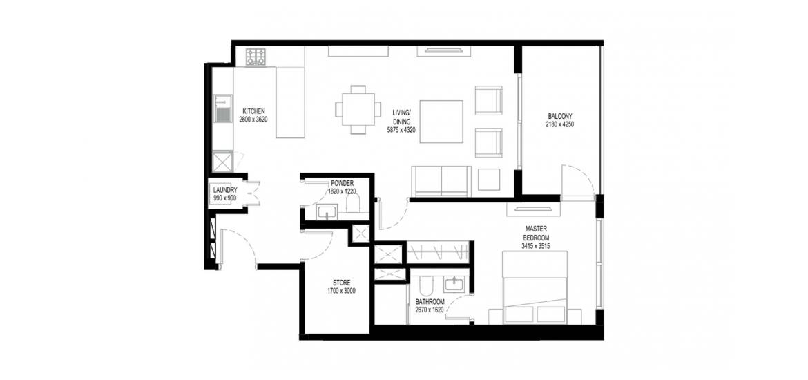 Plano del apartamento «B», 1 dormitorio en THE CREST GRANDE