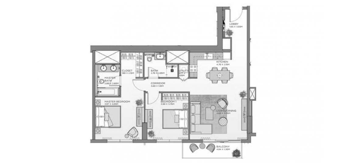 Plano del apartamento «105SQM D1», 2 dormitorios en CASTLETON