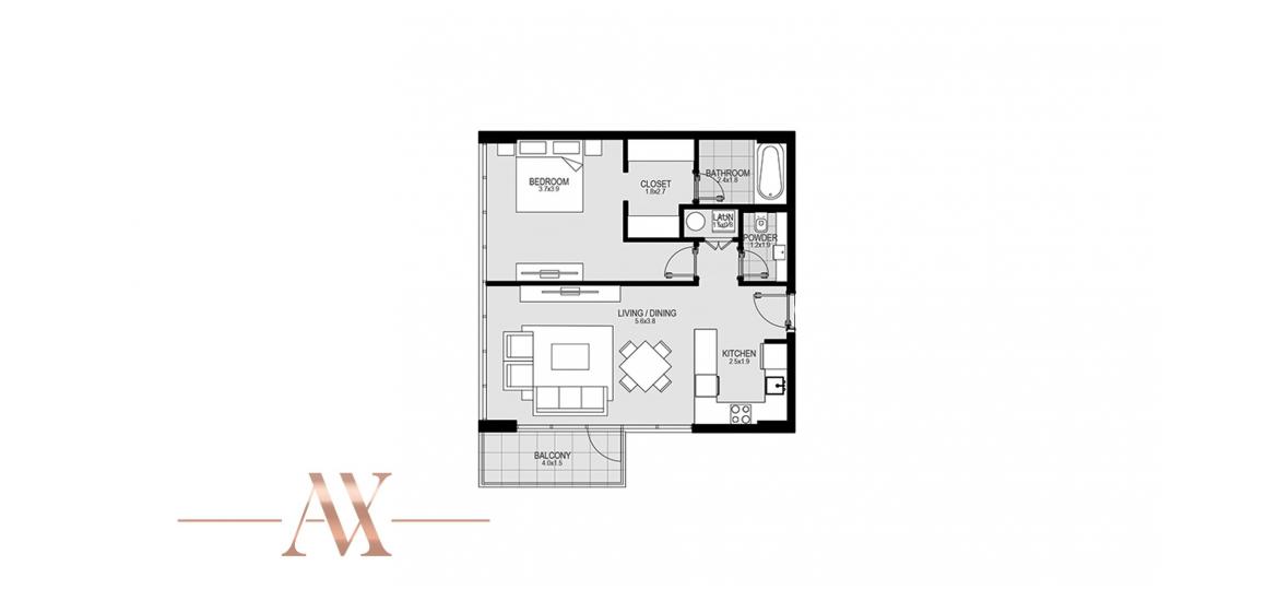 Plan d'étage de l'appartement «A», 1 chambre à coucher à DISTRICT ONE