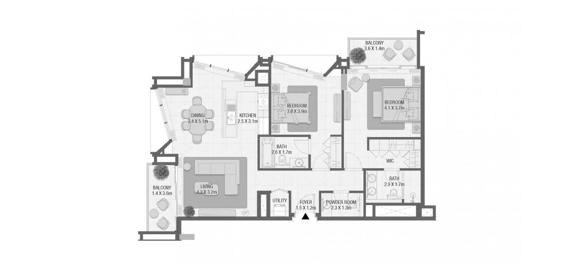 Plan d'étage de l'appartement «117 SQ.M 2 BEDROOM TYPE 02», 2 chambres à DESIGN QUARTER AT D3