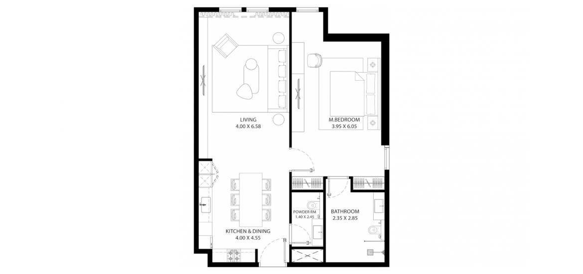 Планировка апартаментов «1BR Type-2» 1 спальня в ЖК MAG 330