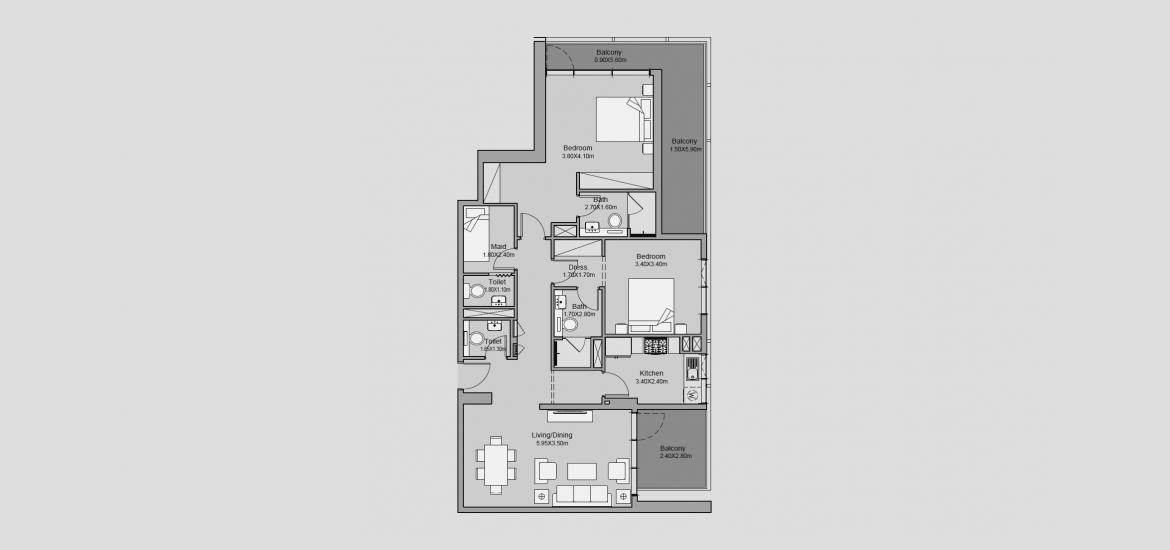 Планировка апартаментов «128 SQ.M 2 BR TYPE 03» 4 комнаты в ЖК MILLENNIUM TALIA RESIDENCES