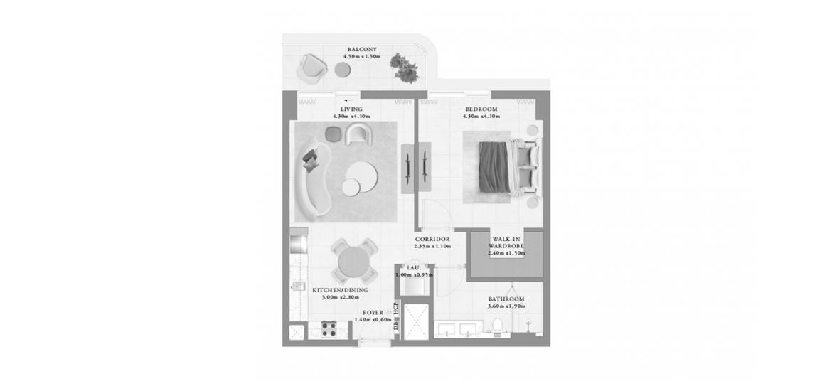 Планировка апартаментов «BAYLINE ONE-BEDROOM-TYPE-A-76M» 2 комнаты в ЖК BAYLINE