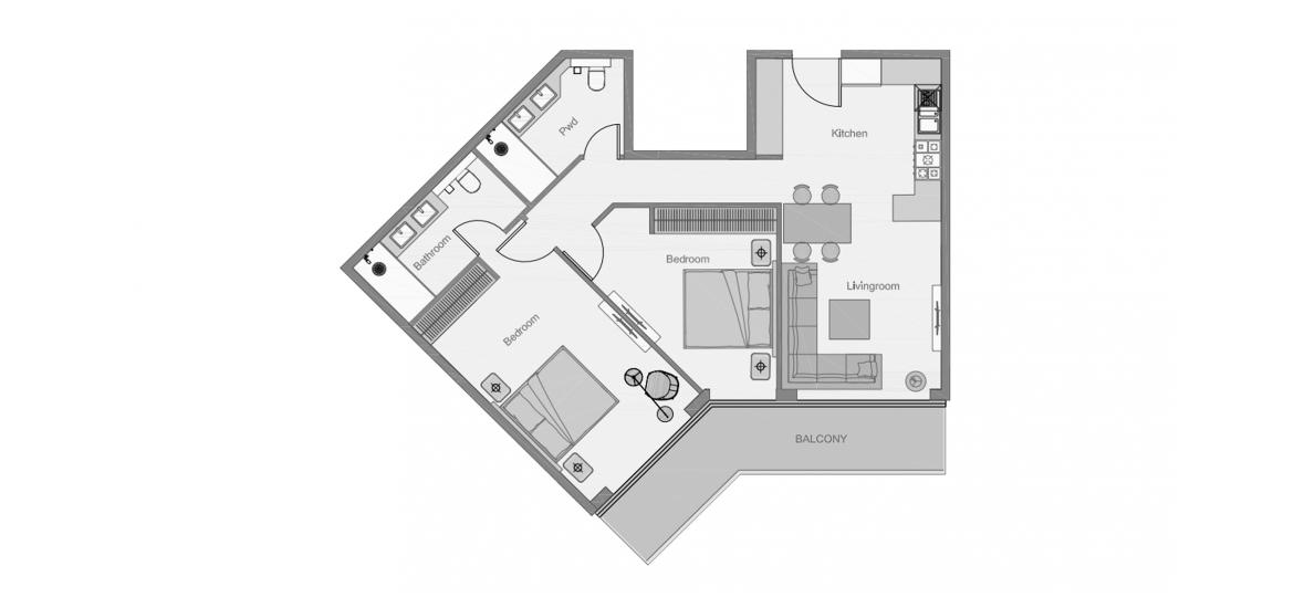 Планировка апартаментов «THE CENTRAL DOWNTOWN TWO-BEDROOMS-TYPE-1-104M» 2 спальни в ЖК THE CENTRAL DOWNTOWN