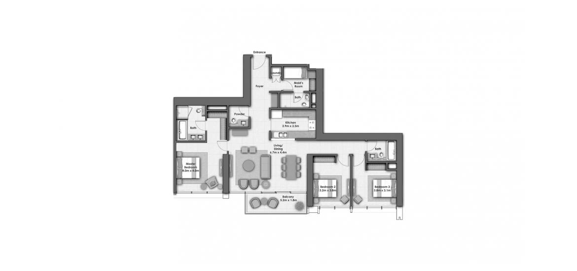 Apartment floor plan «DOWNTOWN VIEWS I 3BR 167SQM», 3 bedrooms in DOWNTOWN VIEWS I