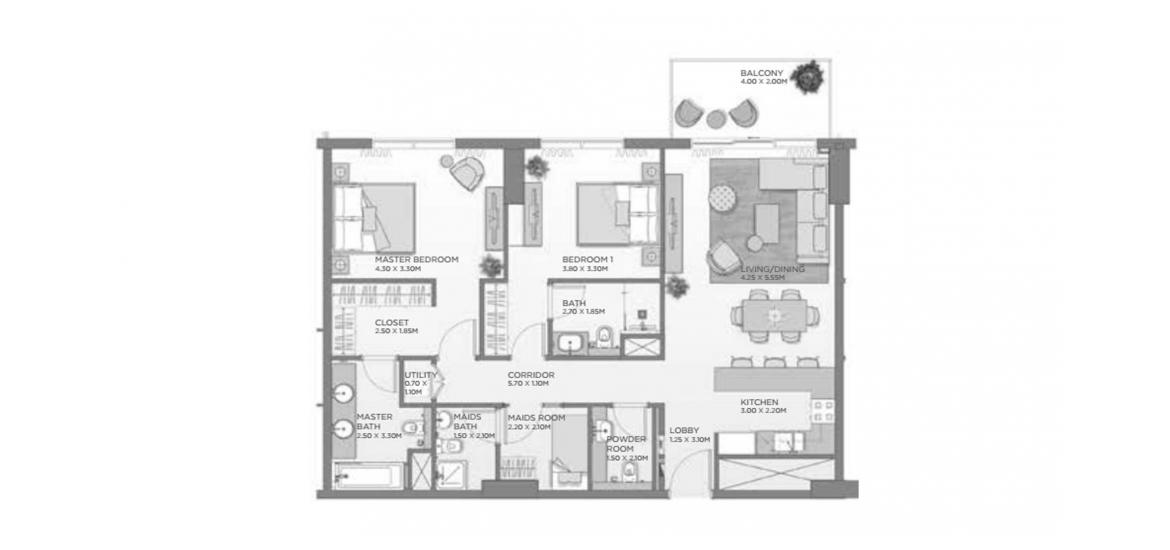 Apartment floor plan «117SQM A3», 2 bedrooms in CASTLETON